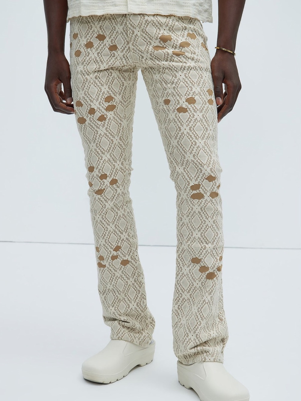 Fashion Nova Men's Slim Lace-Overlay Jeans in Cream and Tan